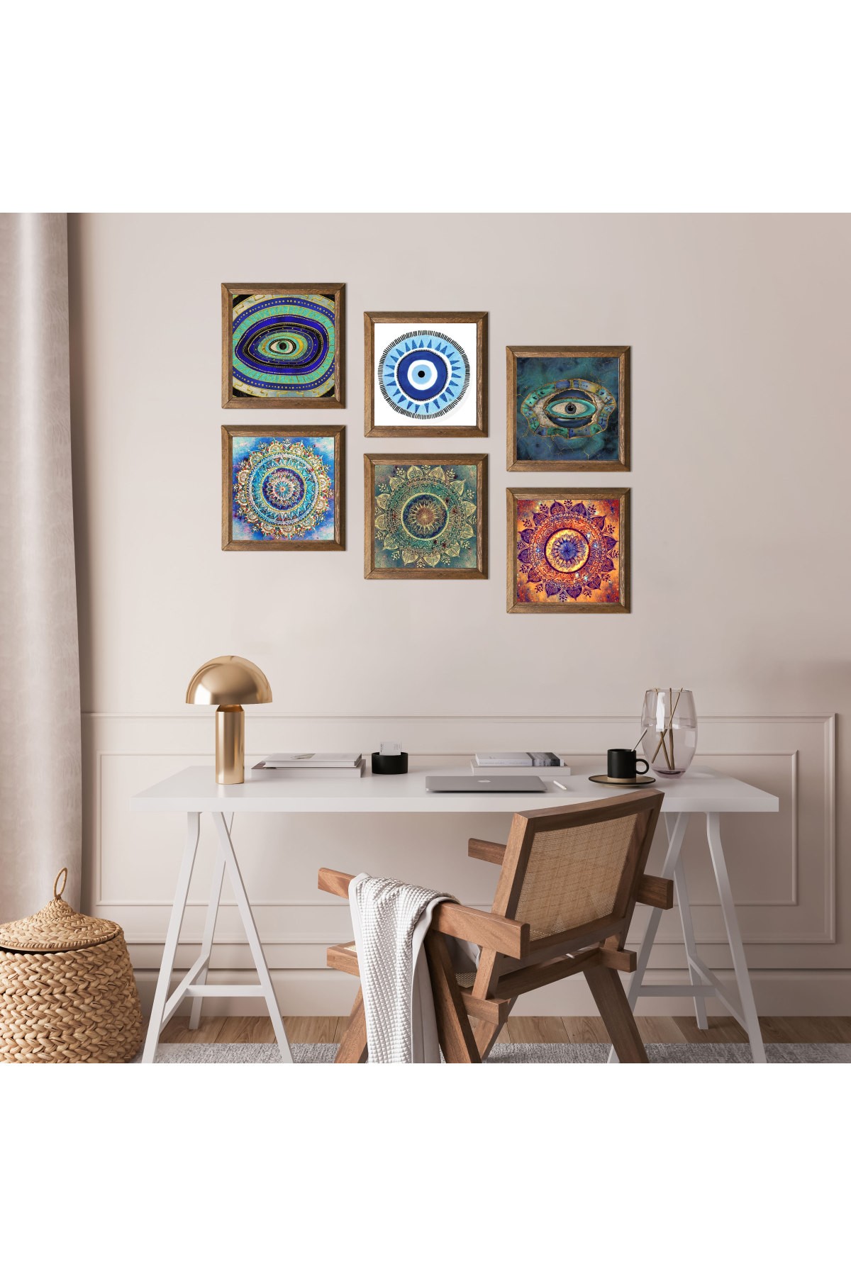 Mandala, Nazar Taş Duvar Tablosu Ahşap Çerçeveli Duvar Dekoru 6 Parça Tablo Seti Wall Art