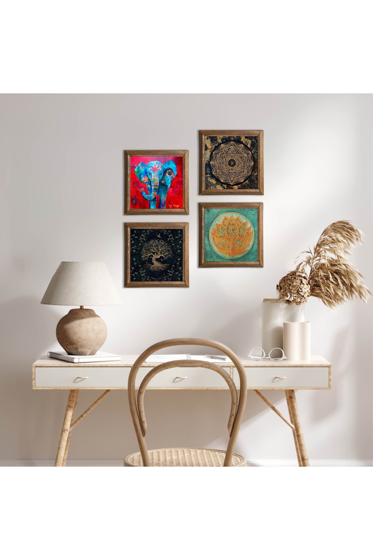 Fil, Sri Yantra, Lotus Çiçeği, Hayat Ağacı Taş Duvar Tablosu Ahşap Çerçeveli Duvar Dekoru 4 Parça Tablo Seti Wall Art