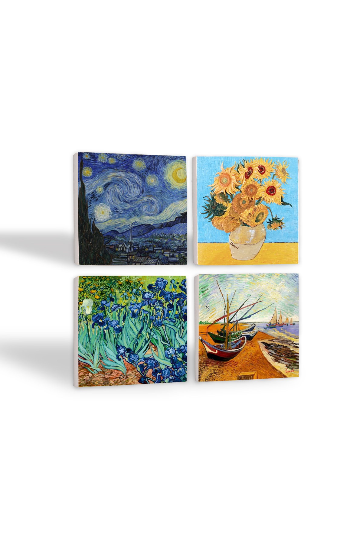 Van Gogh Balıkçı Tekneleri, On İki Ayçiçekli Vazo, İrisler, Yıldızlı Gece Taş Bardak Altlığı Masaüstü Koruyucu Altlık 4 Parça Set 10x10cm Stone Coasters