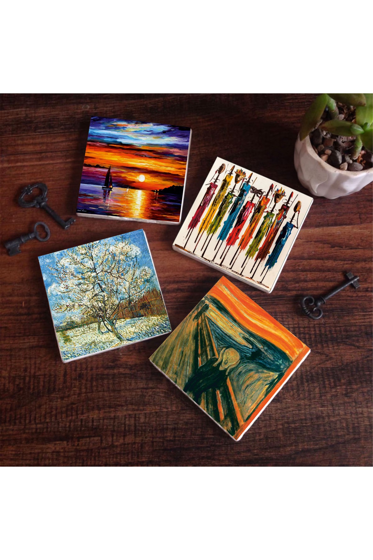 Van Gogh Blooming Pink Peach Tree, Scream, Native Women, Seascape Stone Coasters Desktop Protective Coaster 4 Piece Set 10x10cm Stone Coasters