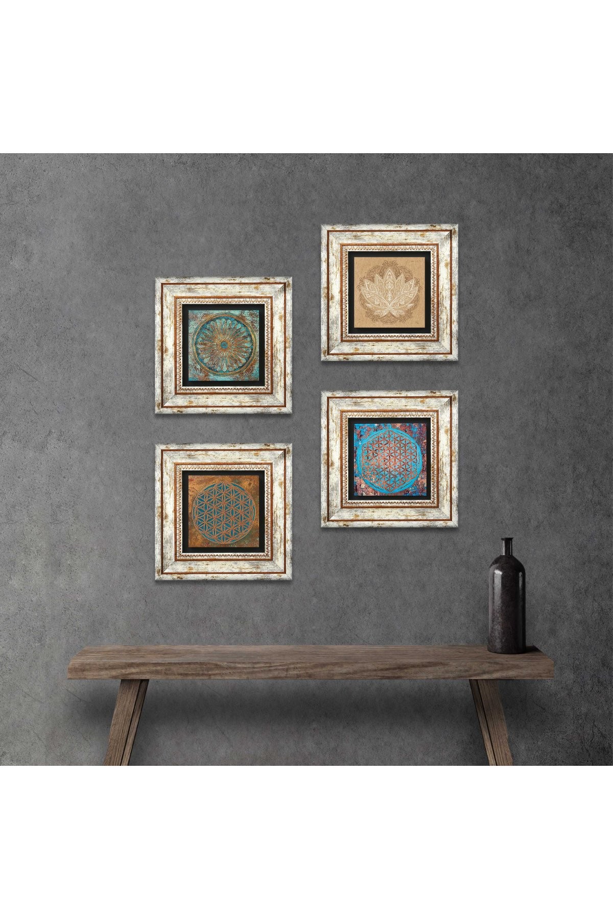 Yaşam Çiçeği, Lotus Çiçeği Taş Duvar Tablosu Çerçeveli Duvar Dekoru 4 Parça Tablo Seti Wall Art