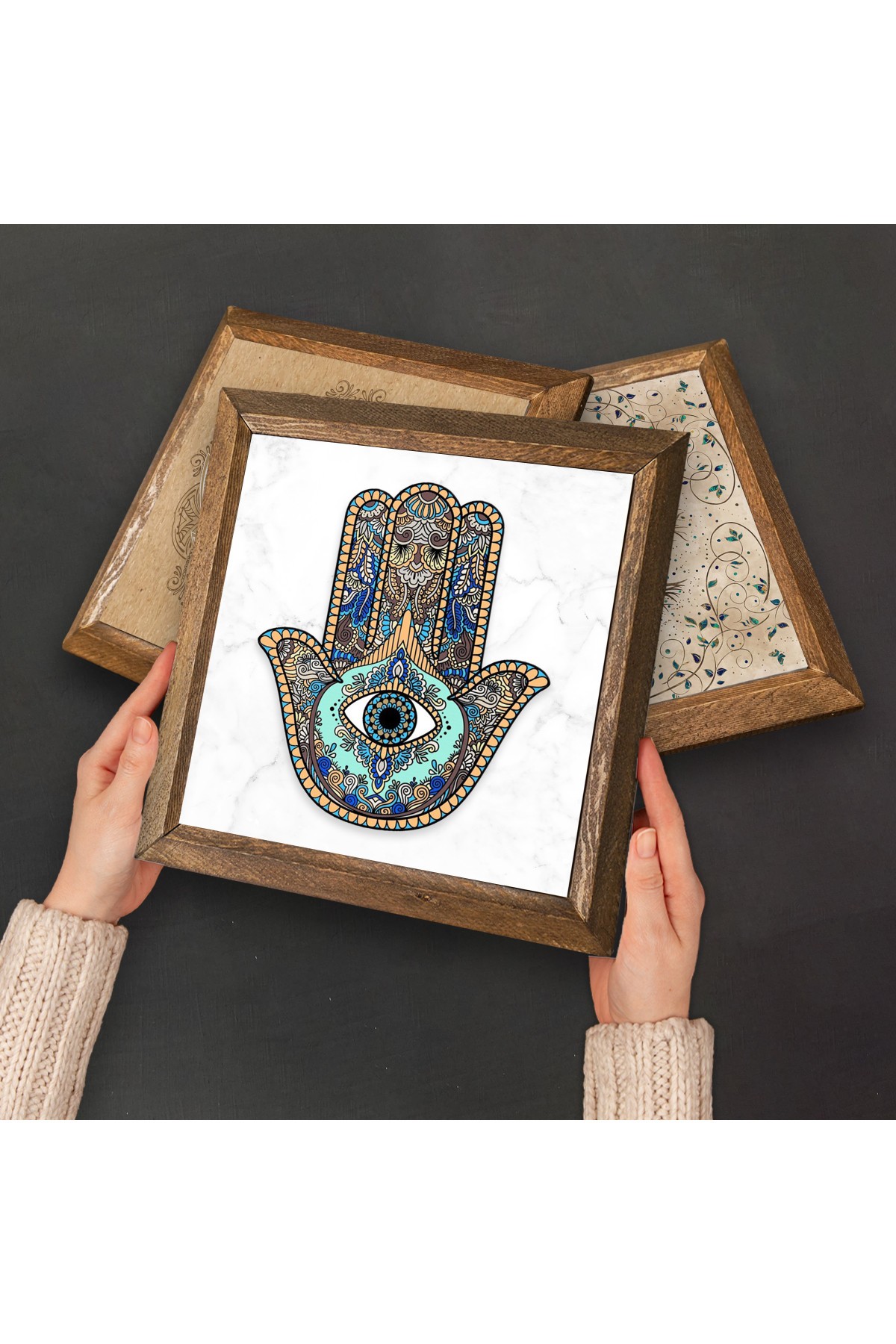 Nazar, Yaşam Çiçeği, Sri Yantra, Nar Ağacı, Fatma Ana Eli (Hamsa) Taş Duvar Tablosu Ahşap Çerçeveli Duvar Dekoru 6 Parça Tablo Seti Wall Art