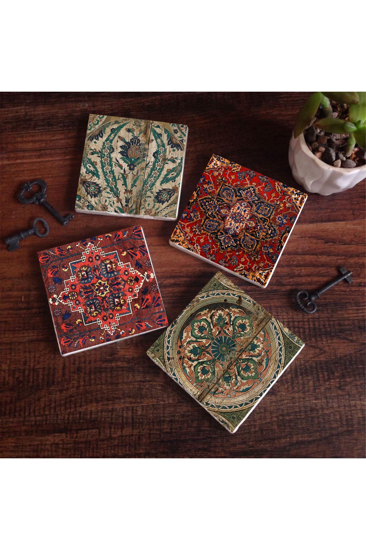 Desen, Vintage Desen Taş Bardak Altlığı Masaüstü Koruyucu Altlık 4 Parça Set 10x10cm Stone Coasters