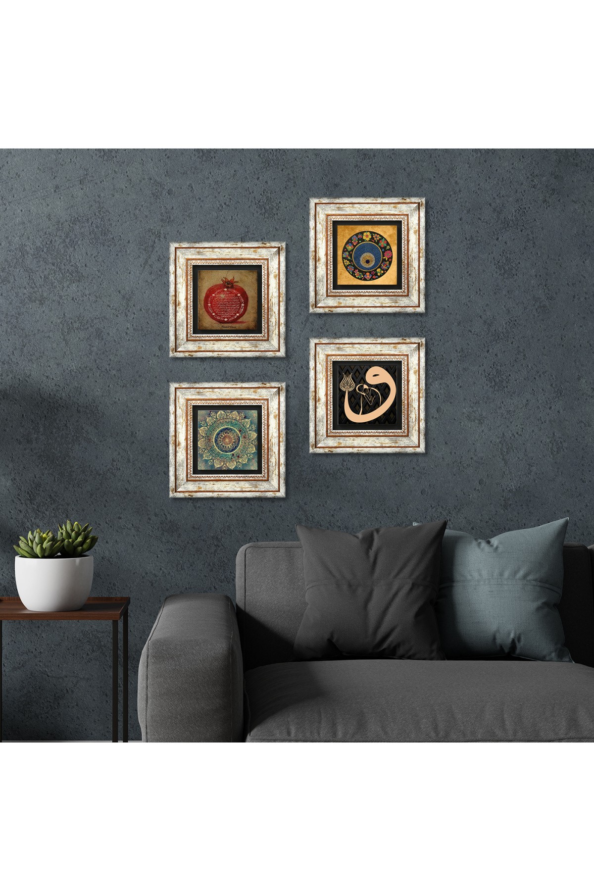 Mandala, Vav, Nazar, Bereket Duası Taş Duvar Tablosu Çerçeveli Duvar Dekoru 4 Parça Tablo Seti Wall Art