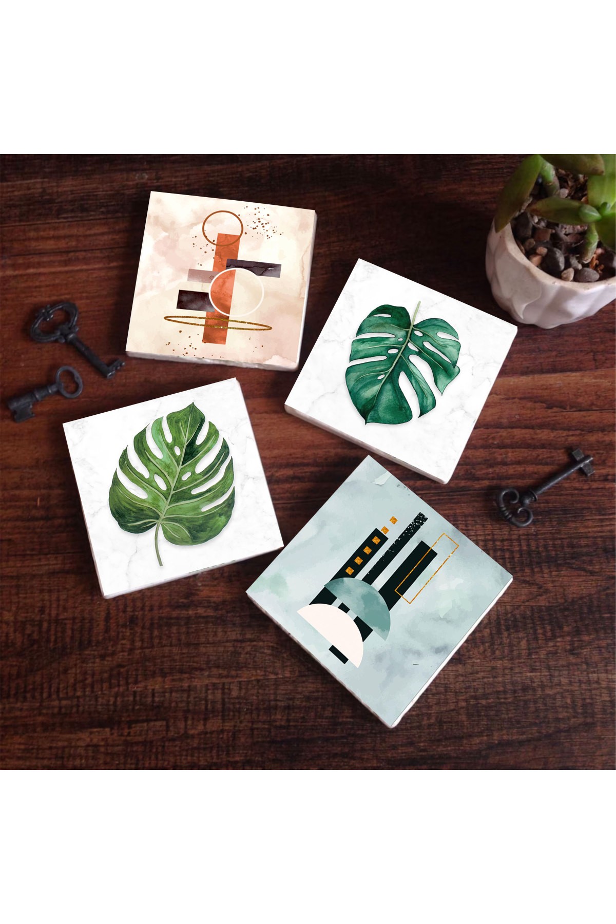 Minimalist Abstract, Leaf Stone Coasters Desktop Protective Coasters 4 Piece Set 10x10cm Stone Coasters