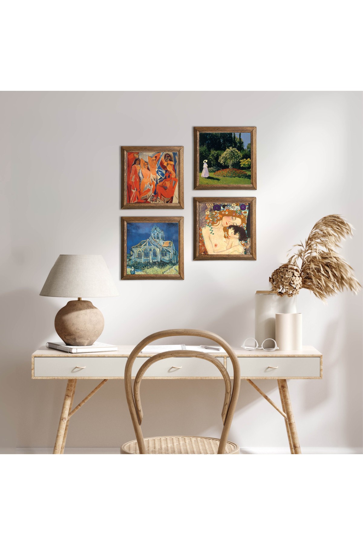 Picasso, Van Gogh, Claude Monet, Gustav Klimt Stone Wall Painting Wood Framed Wall Decor 4 Piece Painting Set Wall Art