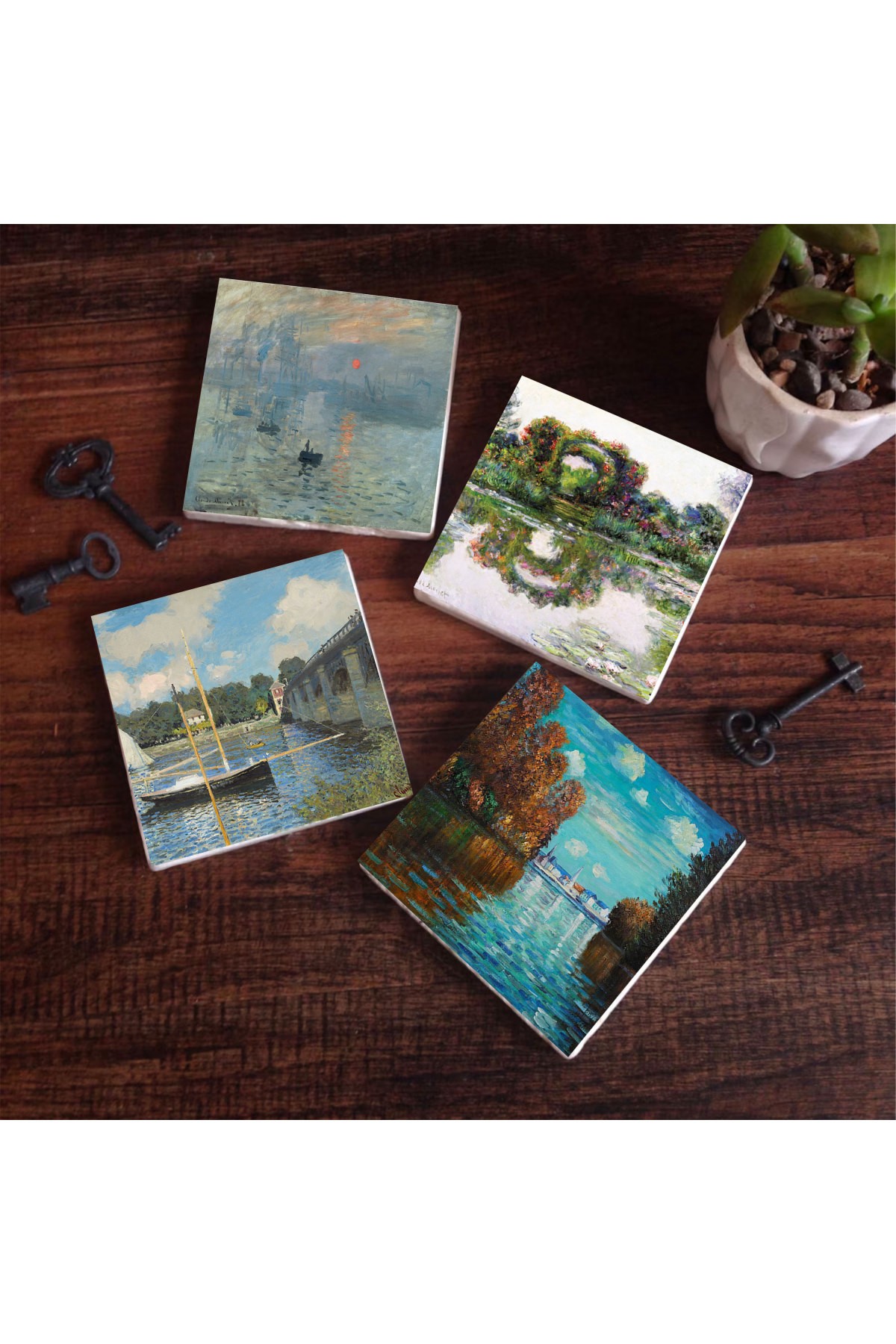 Claude Monet Sonbahar, Gül Çiçekli Kemer, Argenteuil'de Köprü, İzlenim Gün Doğumu Taş Bardak Altlığı Masaüstü Koruyucu Altlık 4 Parça Set 10x10cm Stone Coasters