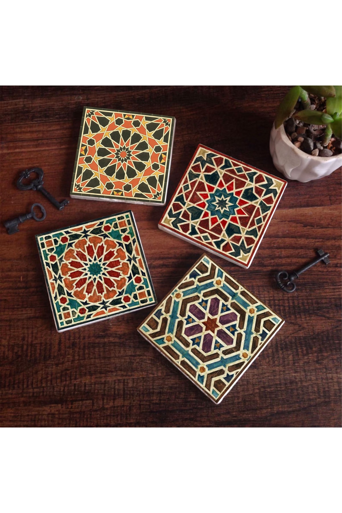 Etnik Desen Taş Bardak Altlığı Masaüstü Koruyucu Altlık 4 Parça Set 10x10cm Stone Coasters