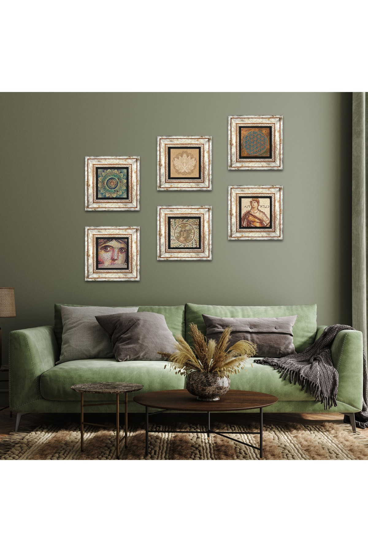 Yaşam Çiçeği, Mandala, Lotus Çiçeği, Mozaik Serisi Taş Duvar Tablosu Çerçeveli Duvar Dekoru 6 Parça Tablo Seti Wall Art