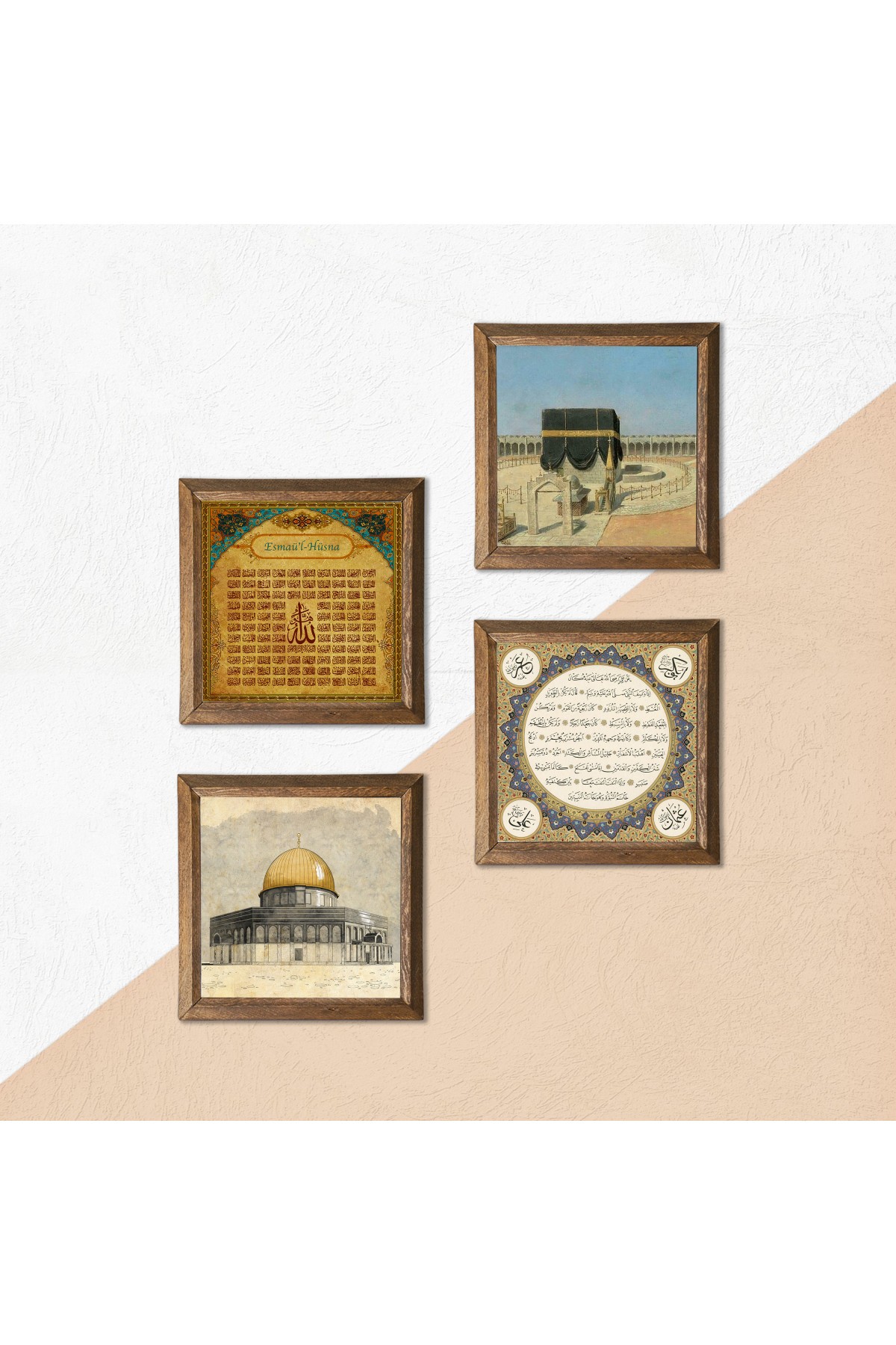 Kaaba-i Muazzama, Masjid al-Aqsa, Asma'ul Husna, Hilye-i Sharif Stone Wall Painting Wooden Framed Wall Decoration 4 Piece Painting Set Wall Art