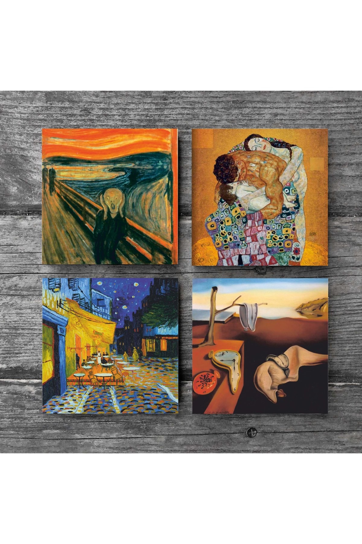 Dalí Belleğin Azmi, Van Gogh Kafe Terasta Gece, Çığlık, Klimt Aile Kucaklama Taş Bardak Altlığı Masaüstü Koruyucu Altlık 4 Parça Set 10x10cm Stone Coasters