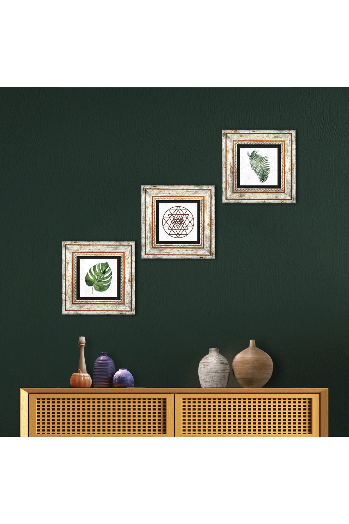 Leaf, Sri Yantra Stone Wall Painting Framed Wall Decor 3 Piece Painting Set Wall Art