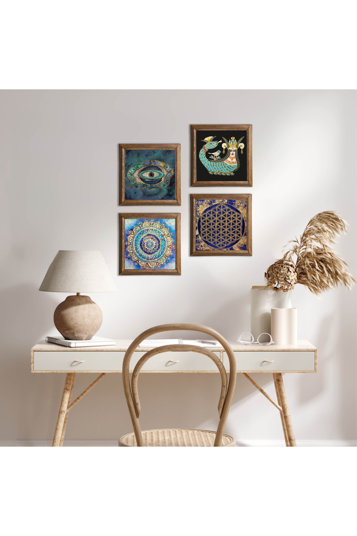 Mandala, Evil Eye, Flower of Life, Shahmaran Stone Wall Painting Wooden Framed Wall Decor 4 Piece Painting Set Wall Art