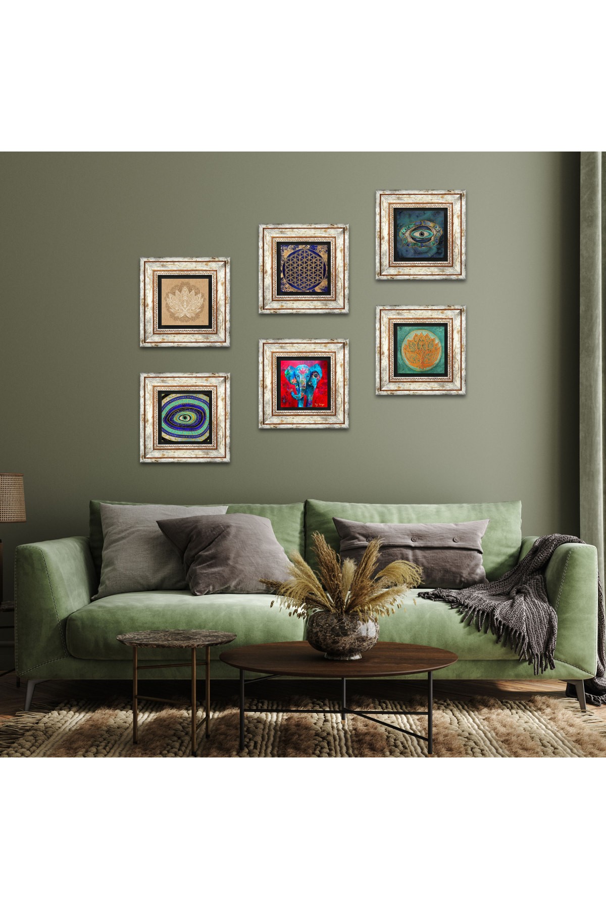 Fil, Nazar, Lotus Çiçeği, Yaşam Çiçeği Taş Duvar Tablosu Çerçeveli Duvar Dekoru 6 Parça Tablo Seti Wall Art