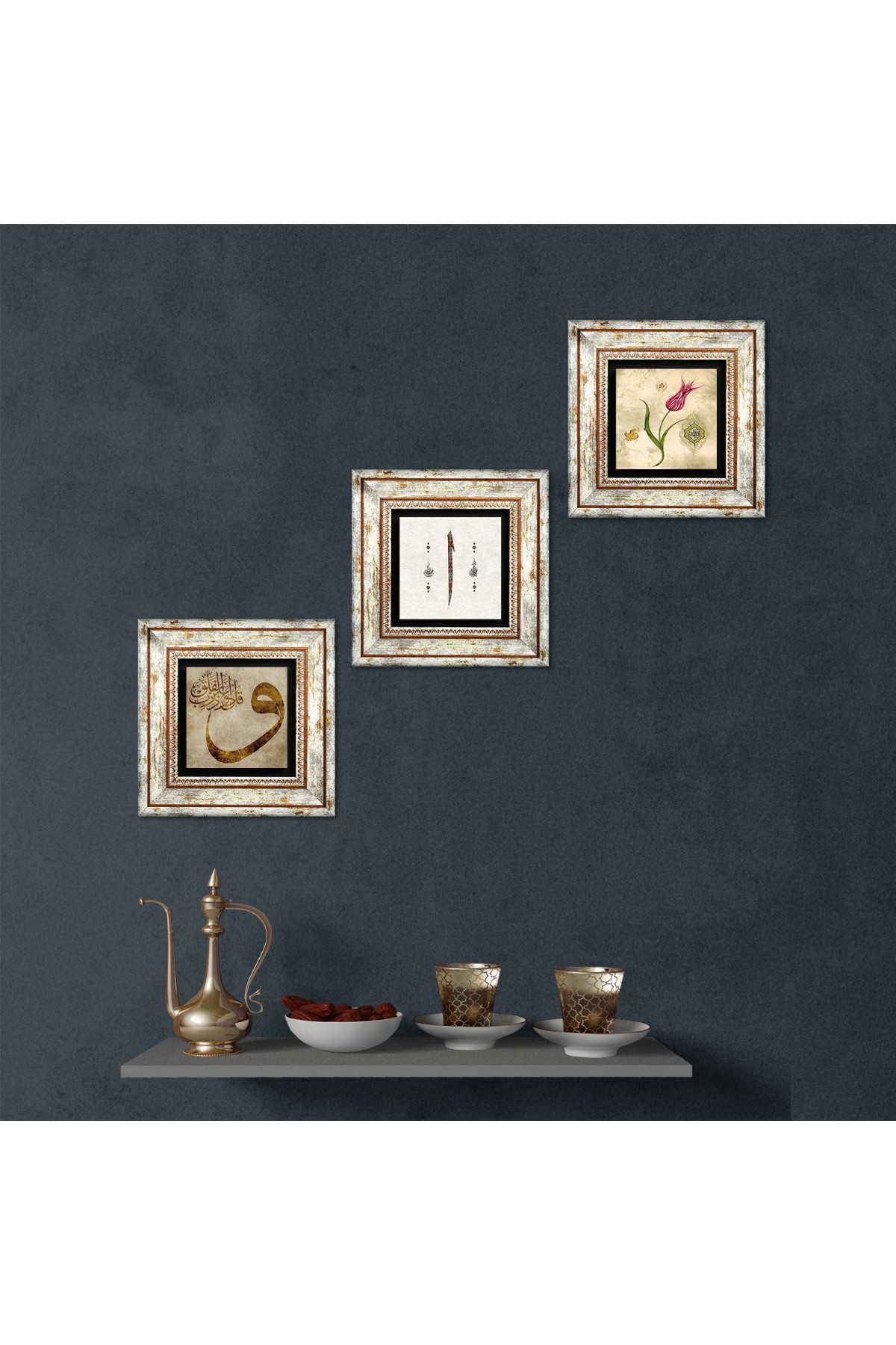 Tulip Marbling Art, Vav, Elif Stone Wall Painting Framed Wall Decor 3 Piece Painting Set Wall Art