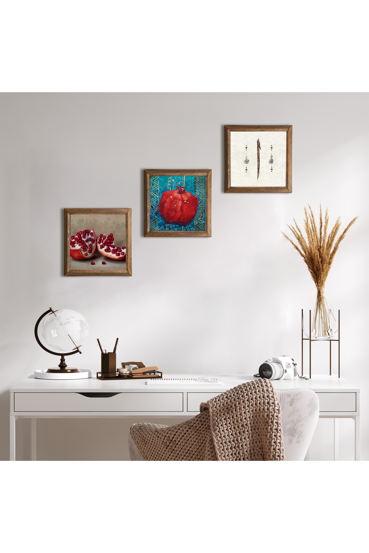 Elif, Pomegranate Stone Wall Painting Wooden Framed Wall Decor 3 Piece Painting Set Wall Art