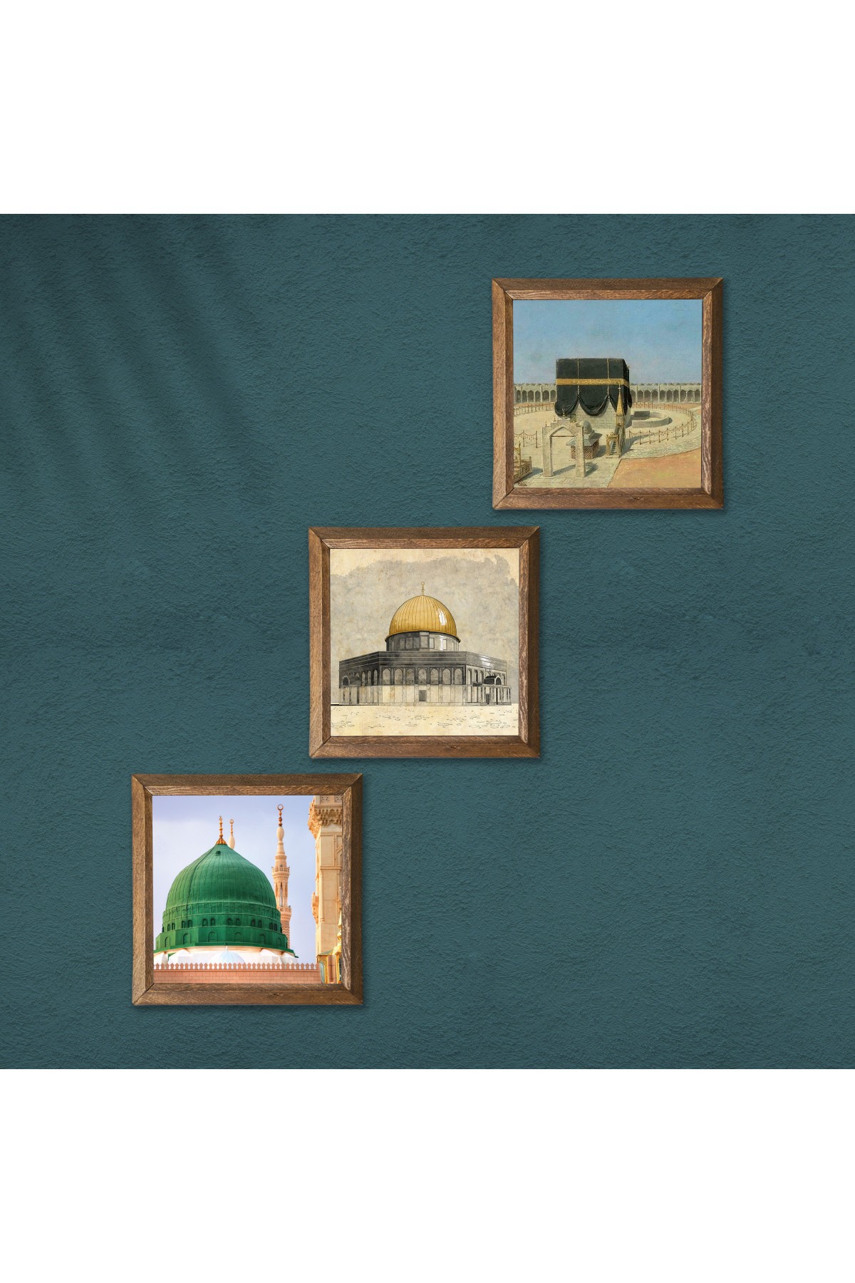 Kaaba-i Muazzama, Al-Aqsa Mosque, Ravza-i Mutahhara Stone Wall Painting Wooden Framed Wall Decor 3 Piece Painting Set Wall Art