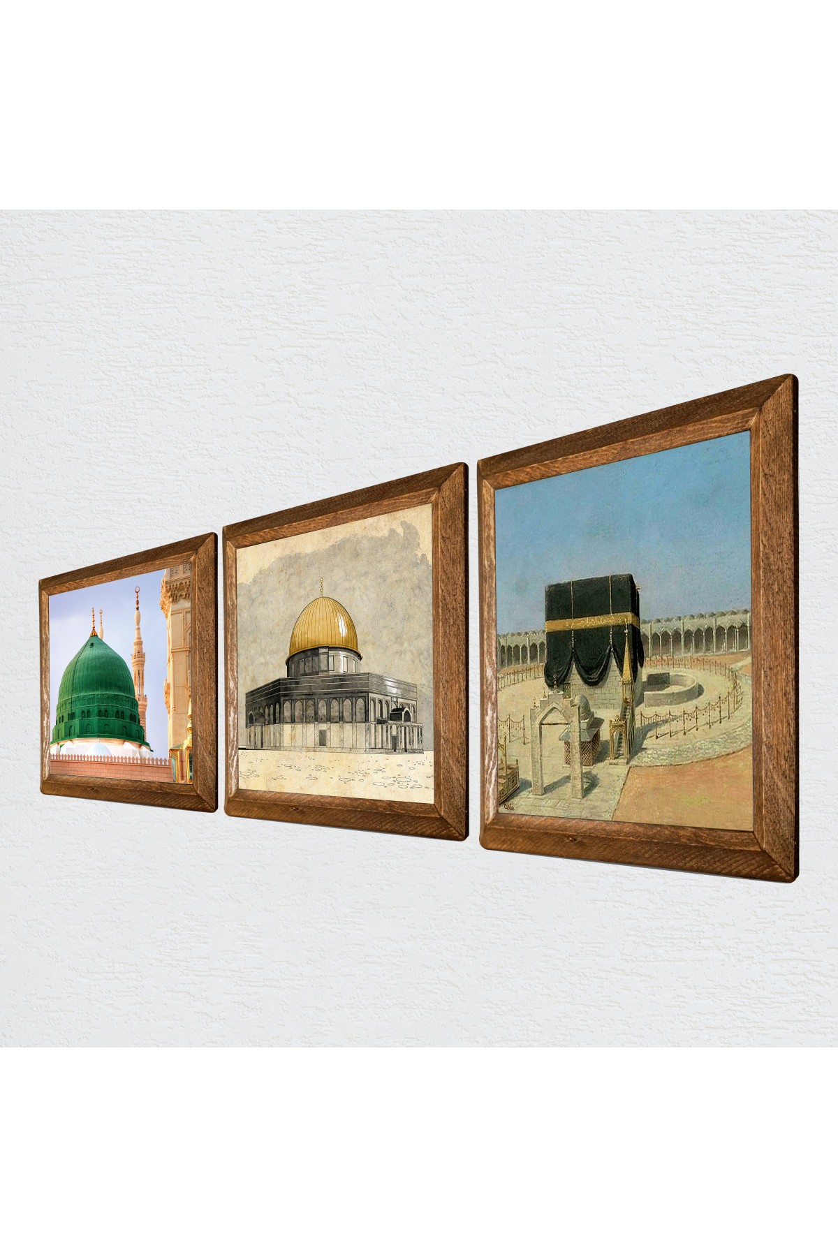 Kaaba-i Muazzama, Al-Aqsa Mosque, Ravza-i Mutahhara Stone Wall Painting Wooden Framed Wall Decor 3 Piece Painting Set Wall Art