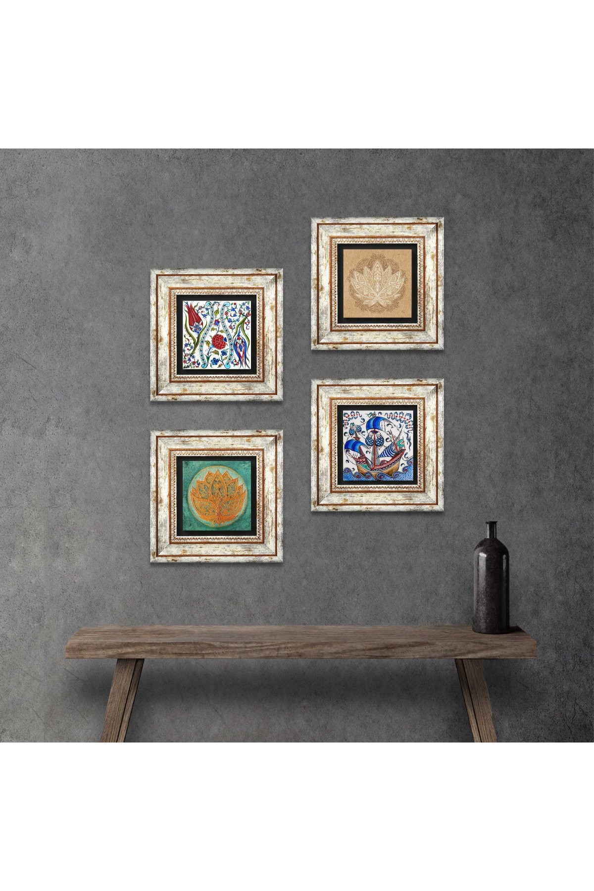 Çini Sanatı Yelkenli Gemi, Lale, Lotus Çiçeği Taş Duvar Tablosu Çerçeveli Duvar Dekoru 4 Parça Tablo Seti Wall Art