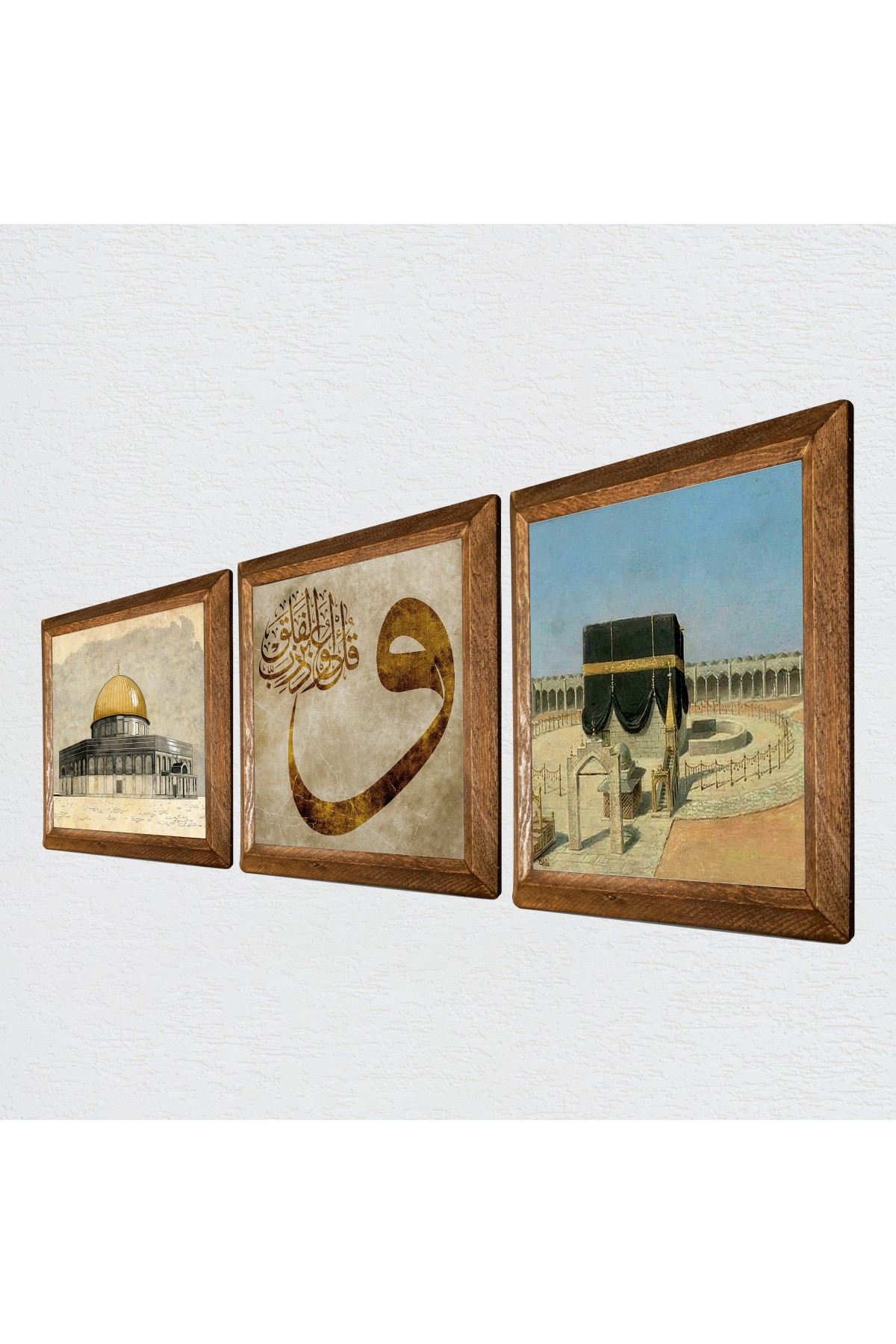 Kaaba-i Muazzama, Masjid al-Aqsa, Vav Stone Wall Painting Wooden Framed Wall Decor 3 Piece Painting Set Wall Art