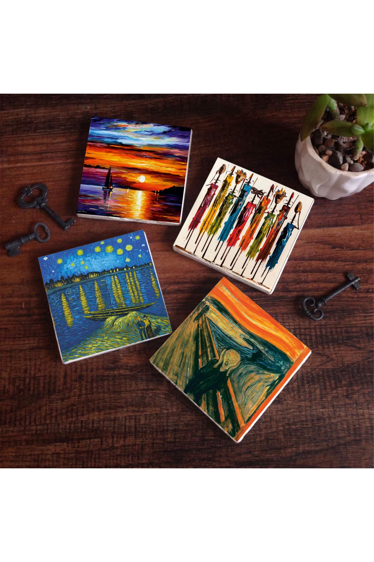 Van Gogh Ren Nehri’nde Yıldızlı Bir Gece, Çığlık, Yerli Kadınlar, Deniz Manzarası Taş Bardak Altlığı Masaüstü Koruyucu Altlık 4 Parça Set 10x10cm Stone Coasters