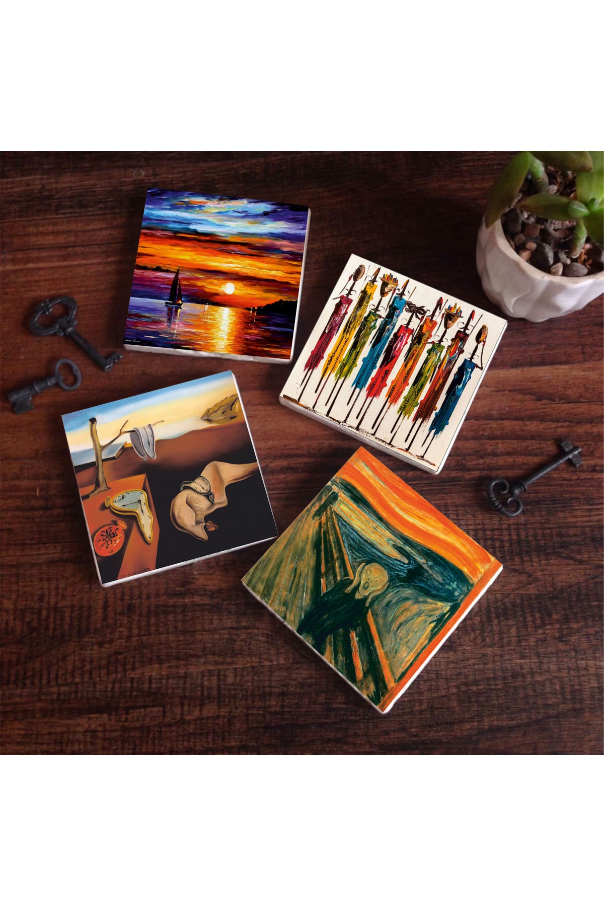 Salvador Dalí The Persistence of Memory, The Scream, Native Women, Seascape Stone Coasters Desktop Protective Coaster 4 Piece Set 10x10cm Stone Coasters