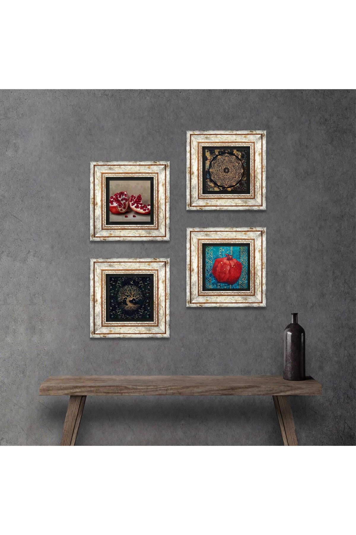 Sri Yantra, Tree of Life, Pomegranate Stone Wall Painting Framed Wall Decor 4 Piece Painting Set Wall Art