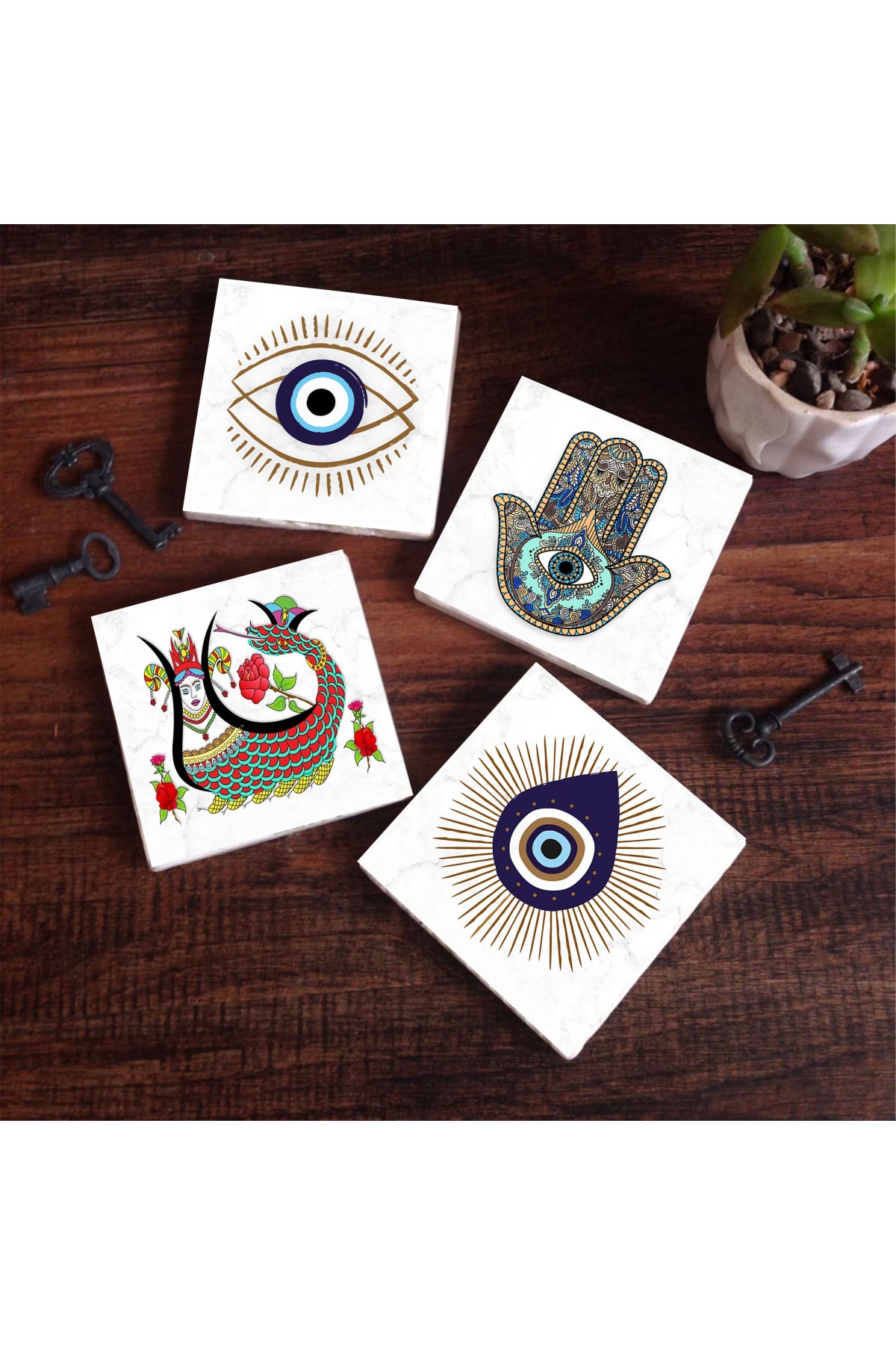 Evil Eye, Shahmaran, Fatima Mother's Hand (Hamsa) Stone Coasters Desktop Protective Coasters 4 Piece Set 10x10cm Stone Coasters