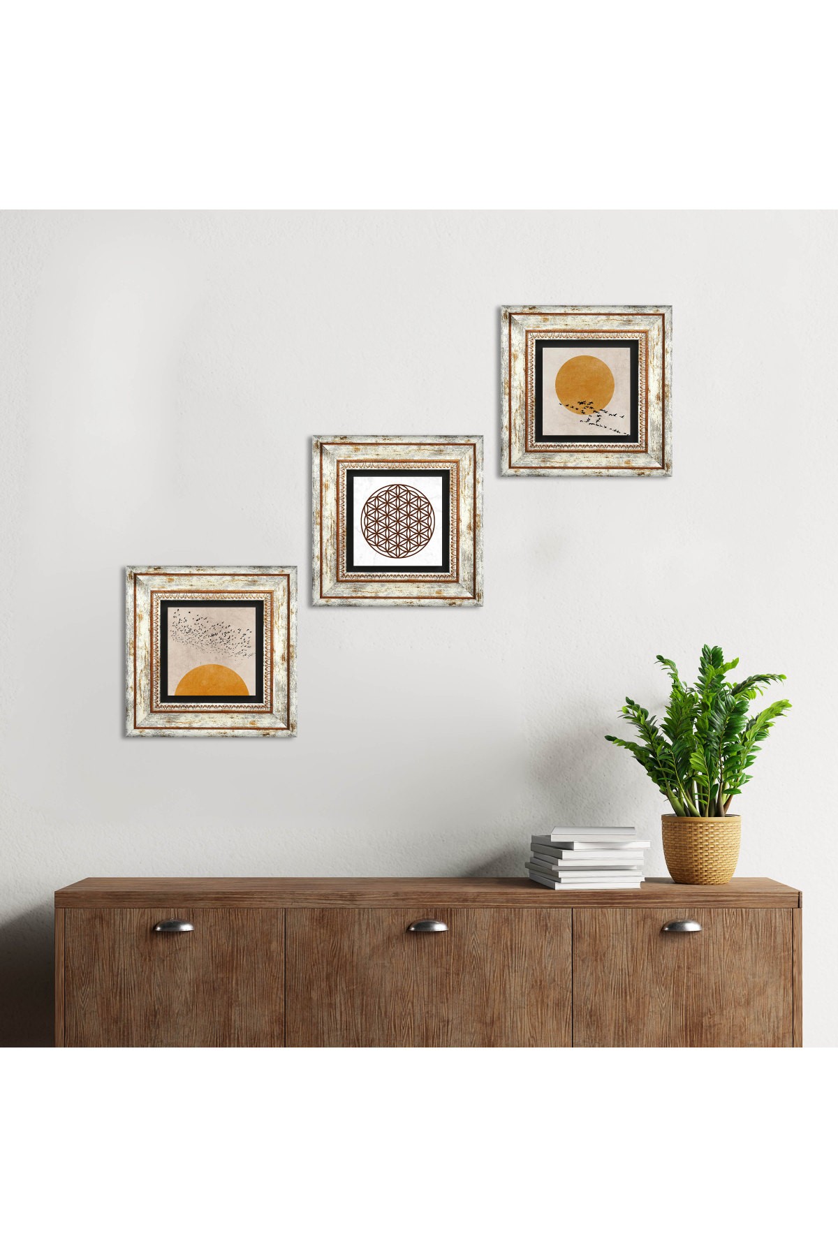 Minimalist, Yaşam Çiçeği Taş Duvar Tablosu Çerçeveli Duvar Dekoru 3 Parça Tablo Seti Wall Art