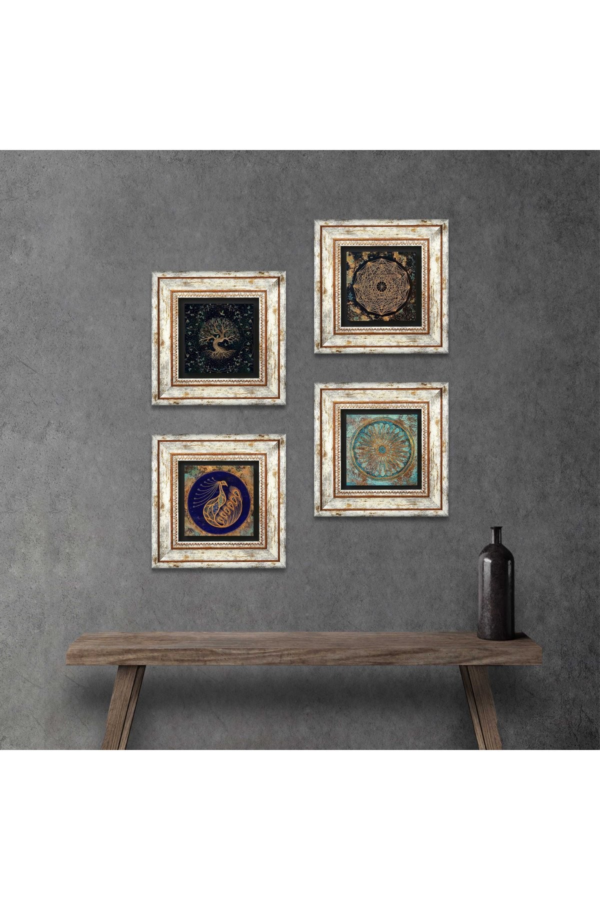 Sri Yantra, Tavus Kuşu, Yaşam Çiçeği, Hayat Ağacı Taş Duvar Tablosu Çerçeveli Duvar Dekoru 4 Parça Tablo Seti Wall Art