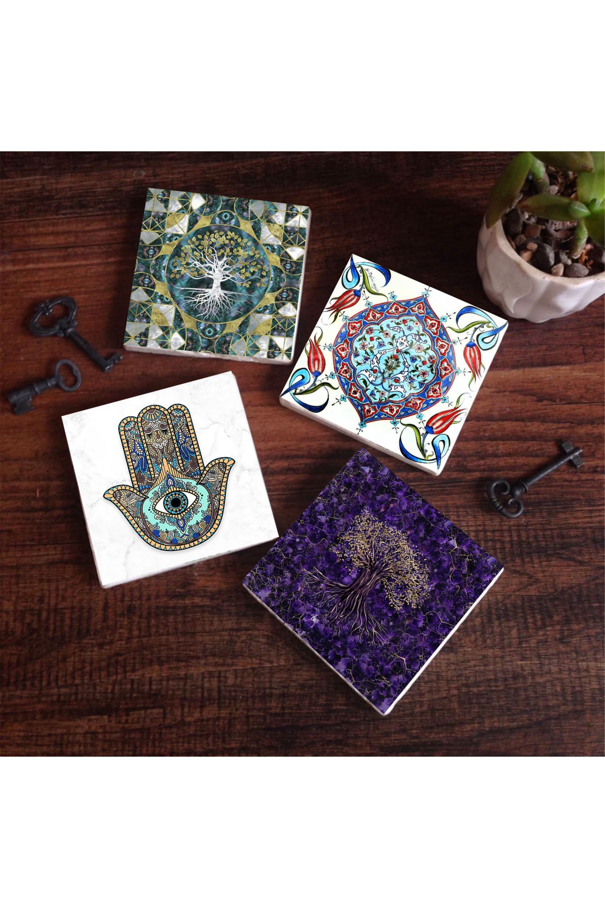 Hayat Ağacı, Çini Sanatı, Fatma Ana Eli (Hamsa) Taş Bardak Altlığı Masaüstü Koruyucu Altlık 4 Parça Set 10x10cm Stone Coasters