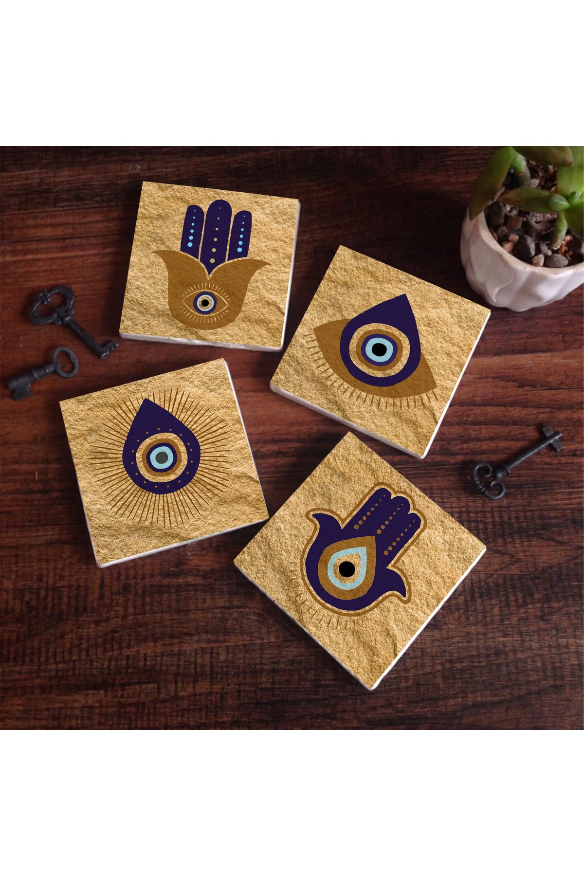 Fatma Ana Eli (Hamsa), Nazar Taş Bardak Altlığı Masaüstü Koruyucu Altlık 4 Parça Set 10x10cm Stone Coasters