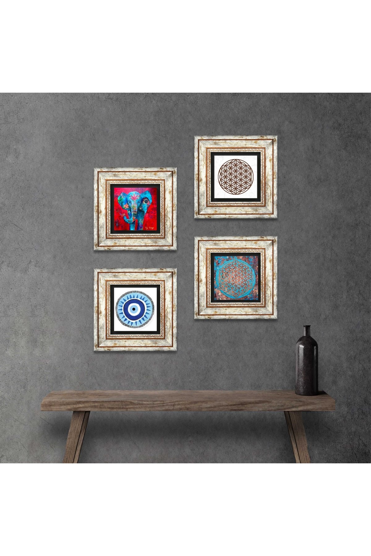 Evil Eye, Elephant, Flower of Life Stone Wall Painting Framed Wall Decor 4 Piece Painting Set Wall Art