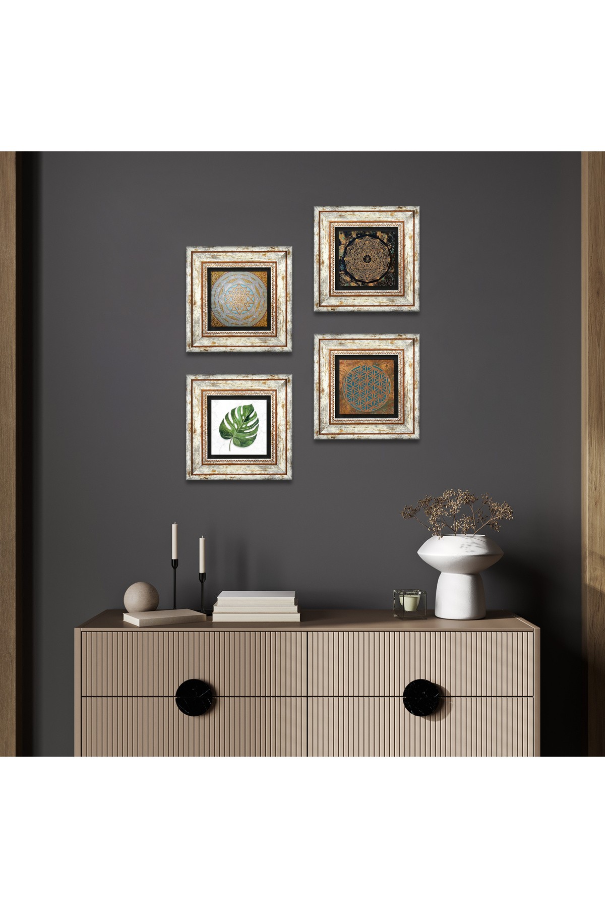 Yaşam Çiçeği, Yaprak, Sri Yantra Taş Duvar Tablosu Çerçeveli Duvar Dekoru 4 Parça Tablo Seti Wall Art