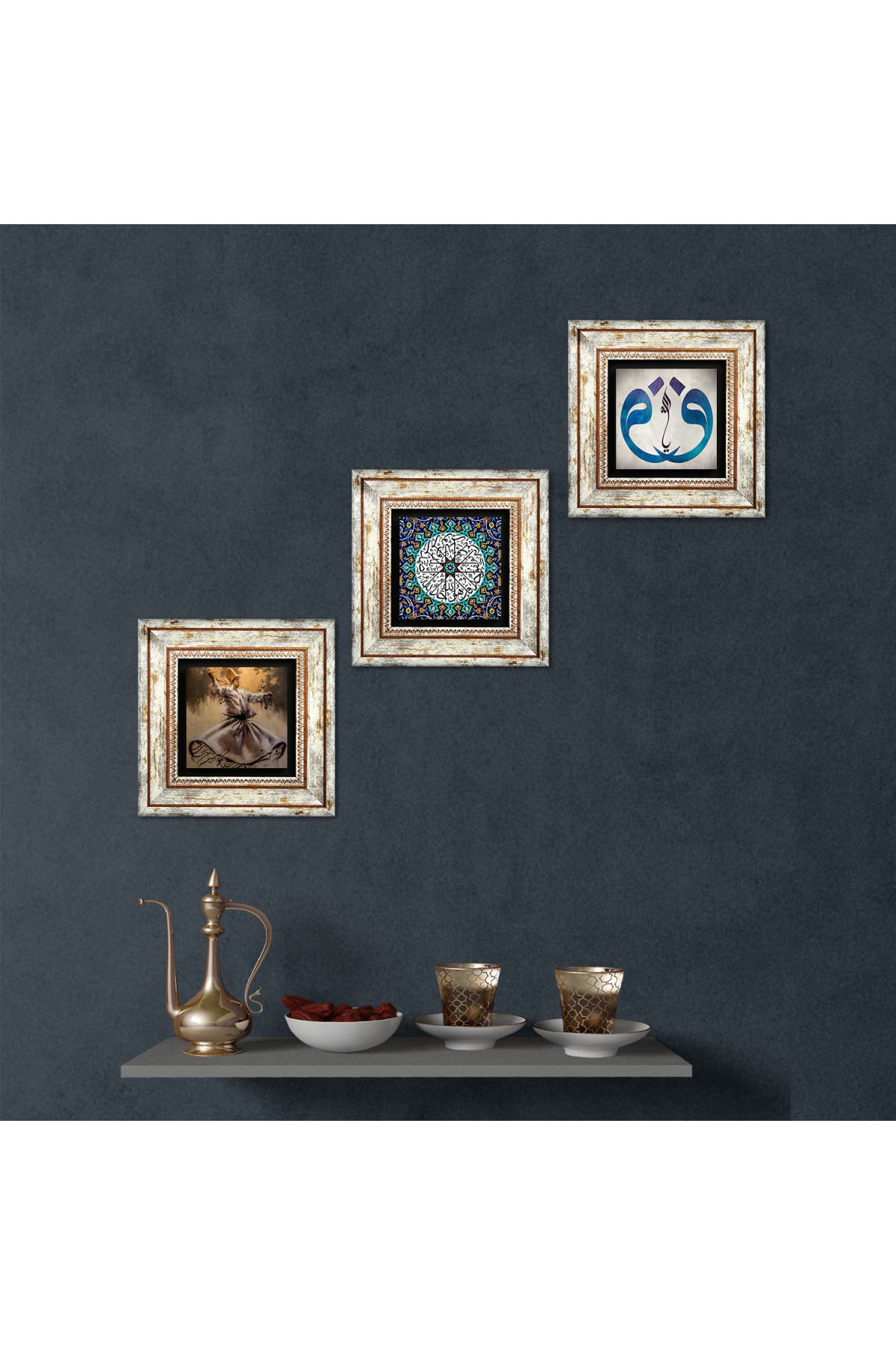 Whirling Dervish, Vav, Surah Al-Ikhlas Stone Wall Painting Framed Wall Decoration 3 Piece Painting Set Wall Art