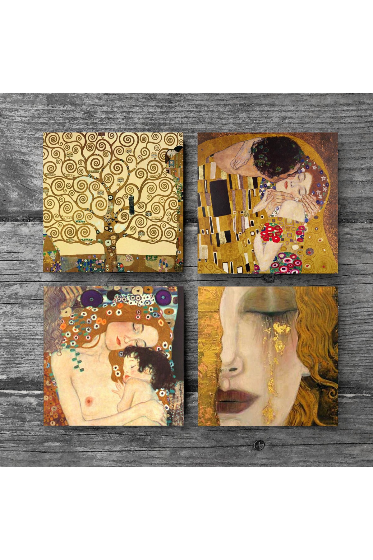 Gustav Klimt Altın Gözyaşları, Anne Çocuk, Öpücük, Hayat Ağacı Taş Bardak Altlığı Masaüstü Koruyucu Altlık 4 Parça Set 10x10cm Stone Coasters