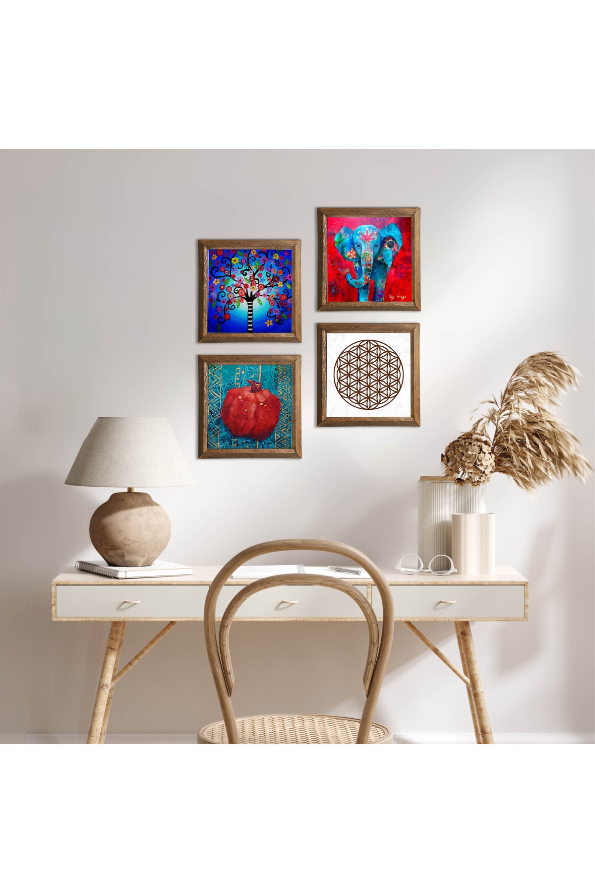 Elephant, Flower of Life, Tree of Life, Pomegranate Stone Wall Painting Wooden Framed Wall Decor 4 Piece Painting Set Wall Art