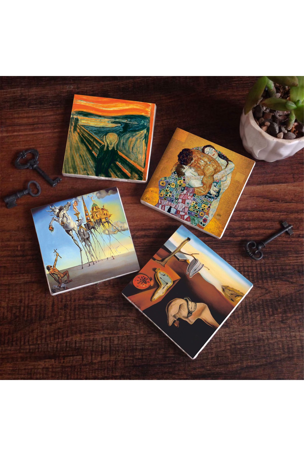 Dalí The Persistence of Memory, The Seduction of Antony, The Scream, Klimt Family Embrace Stone Coasters Desktop Protective Coaster 4 Piece Set 10x10cm Stone Coasters