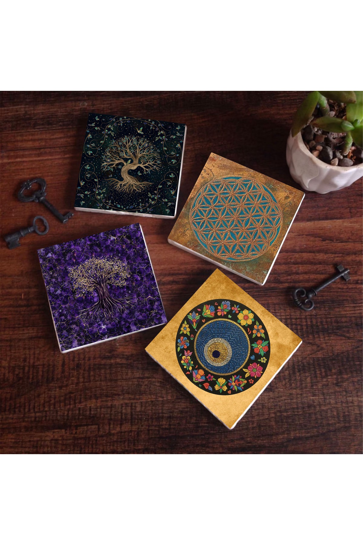 Yaşam Çiçeği, Hayat Ağacı, Nazar Boncuğu Taş Bardak Altlığı Masaüstü Koruyucu Altlık 4 Parça Set 10x10cm Stone Coasters