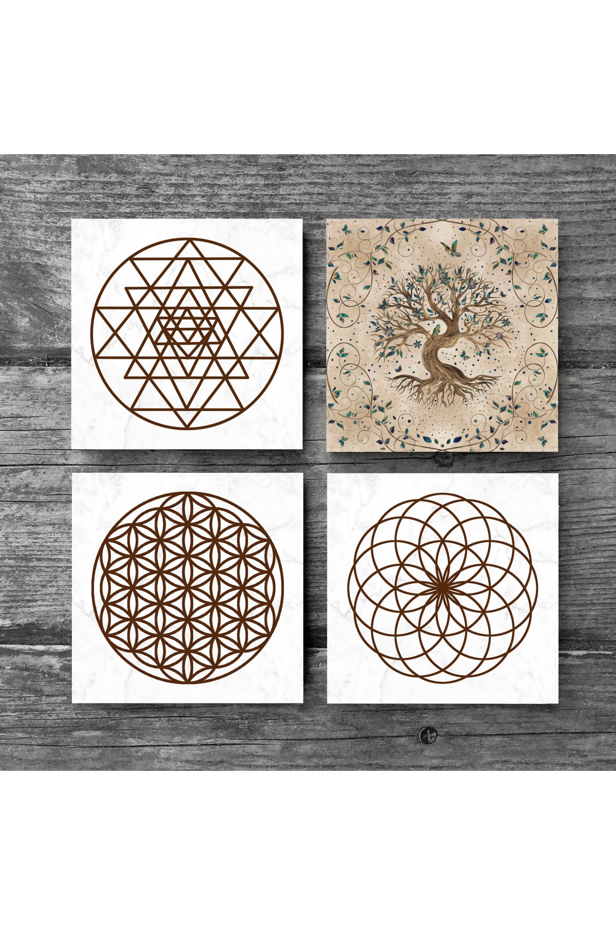 Yaşam Çiçeği, Sri Yantra, Hayat Ağacı Taş Bardak Altlığı Masaüstü Koruyucu Altlık 4 Parça Set 10x10cm Stone Coasters