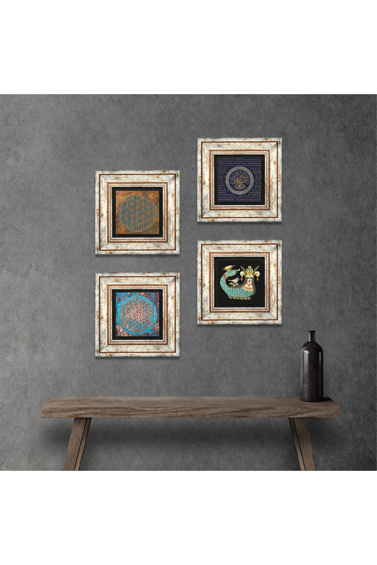 Evil Eye, Flower of Life, Shahmaran Stone Wall Painting Framed Wall Decor 4 Piece Painting Set Wall Art