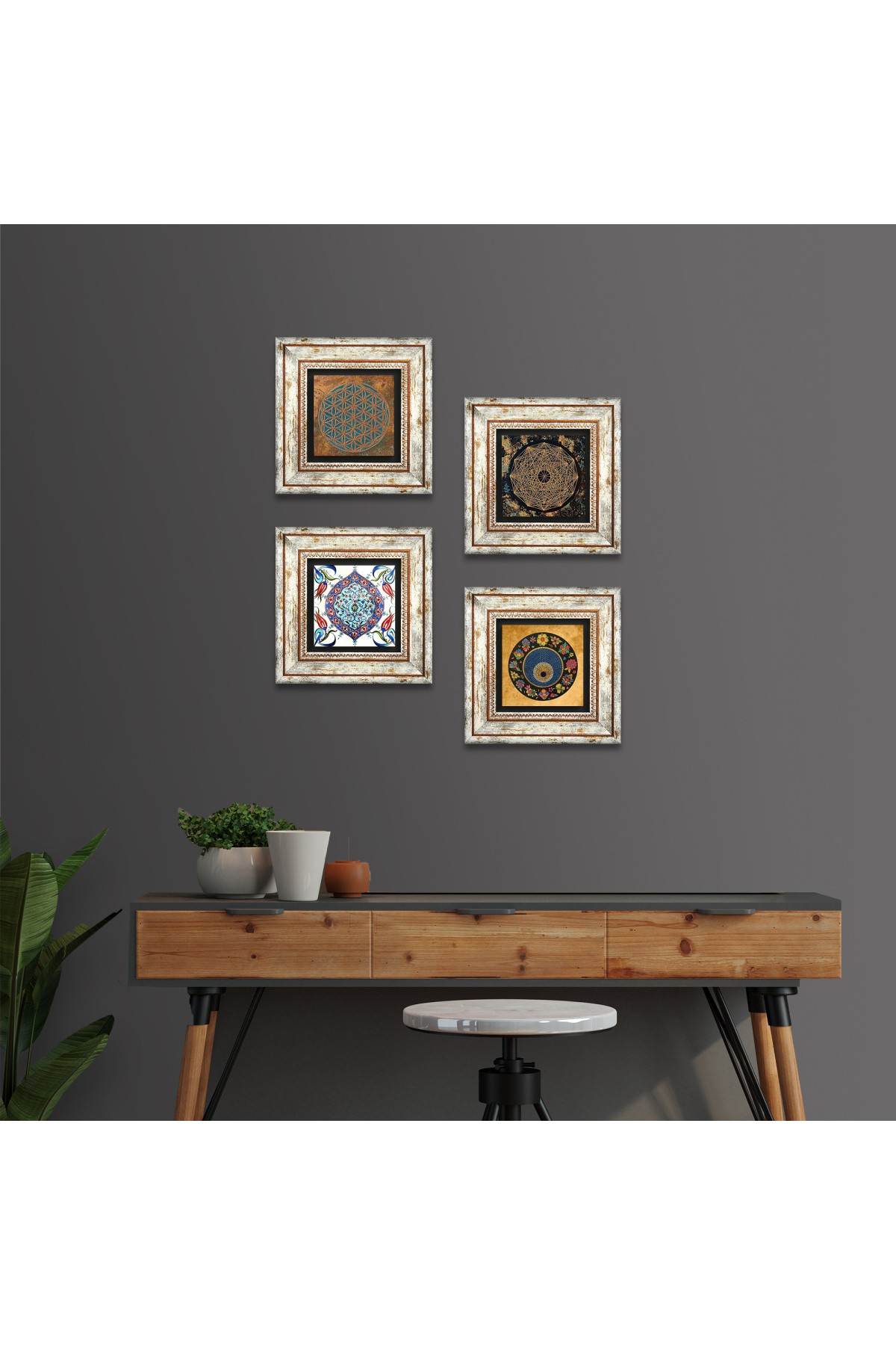 Yaşam Çiçeği, Sri Yantra, Nazar, Çini Sanatı Taş Duvar Tablosu Çerçeveli Duvar Dekoru 4 Parça Tablo Seti Wall Art