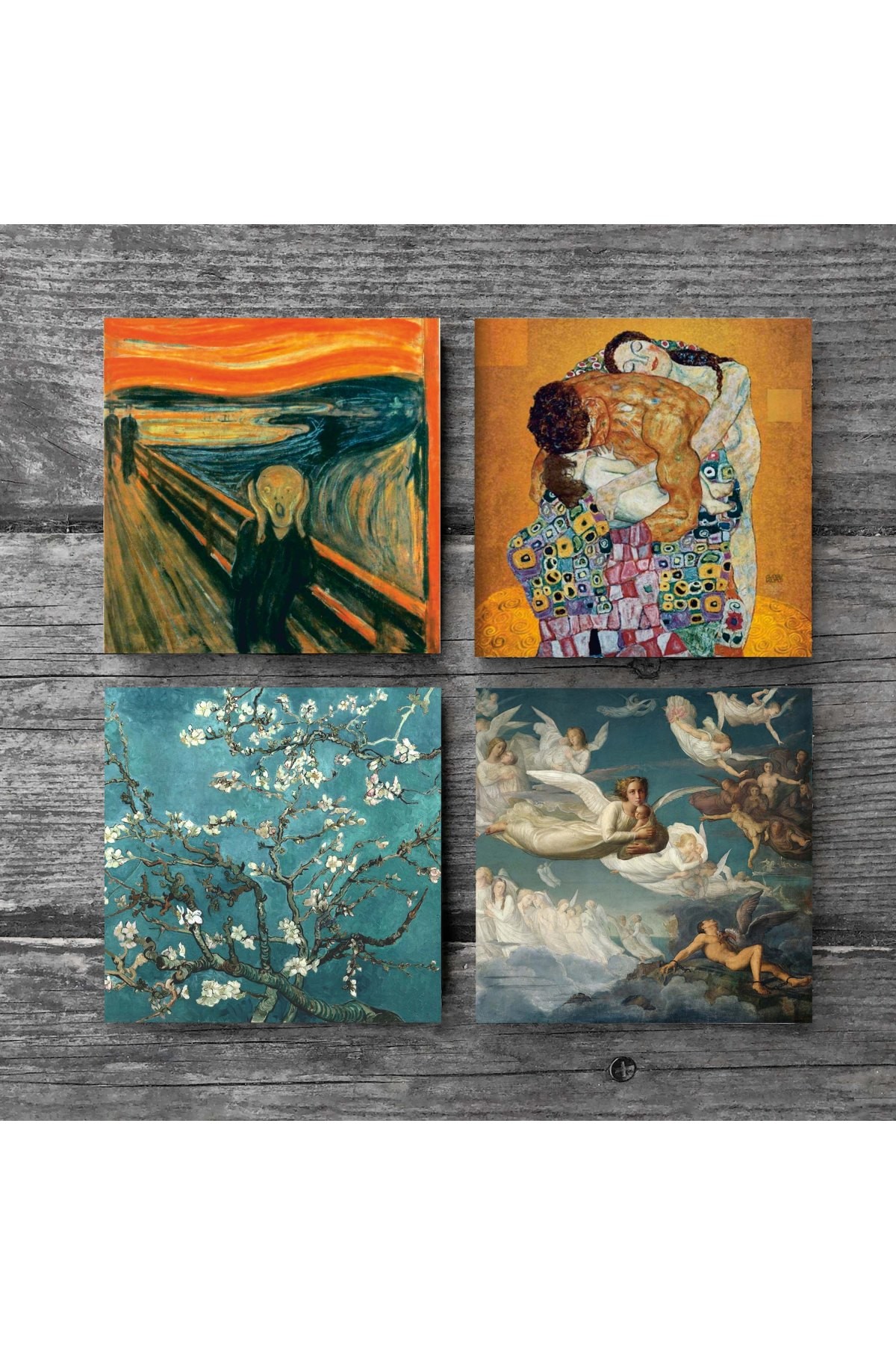 Çığlık, Van Gogh Badem Ağacı, Gustav Klimt Aile Kucaklama, Ruhların Geçişi Taş Bardak Altlığı Masaüstü Koruyucu Altlık 4 Parça Set 10x10cm Stone Coasters