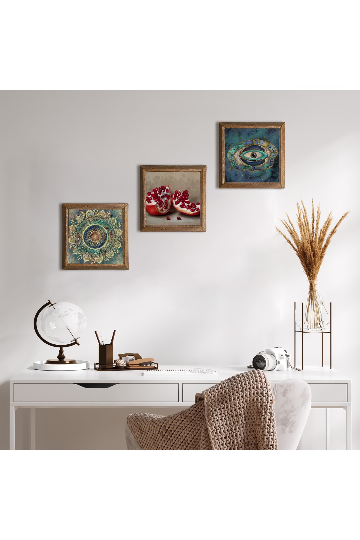 Mandala, Nazar, Nar Taş Duvar Tablosu Ahşap Çerçeveli Duvar Dekoru 3 Parça Tablo Seti Wall Art