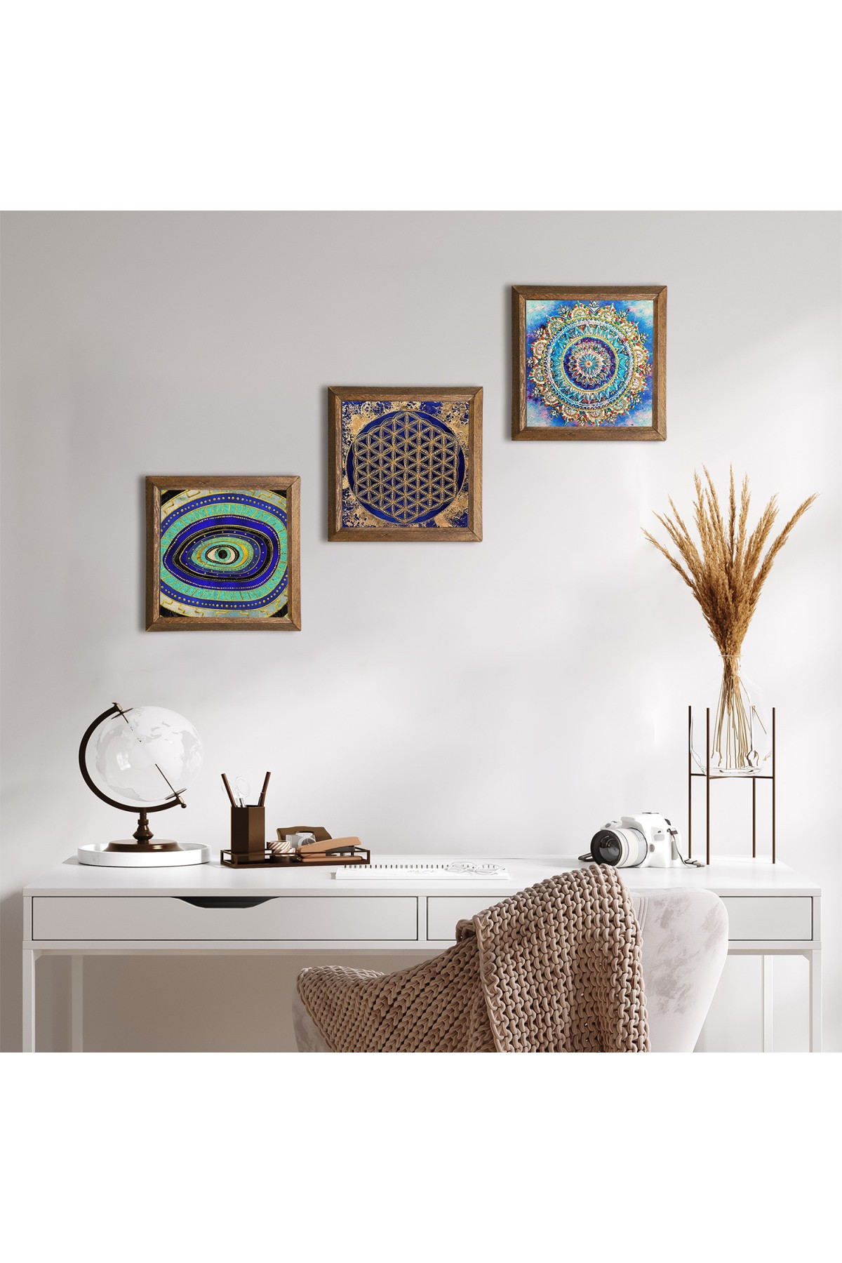 Mandala, Nazar, Yaşam Çiçeği Taş Duvar Tablosu Ahşap Çerçeveli Duvar Dekoru 3 Parça Tablo Seti Wall Art