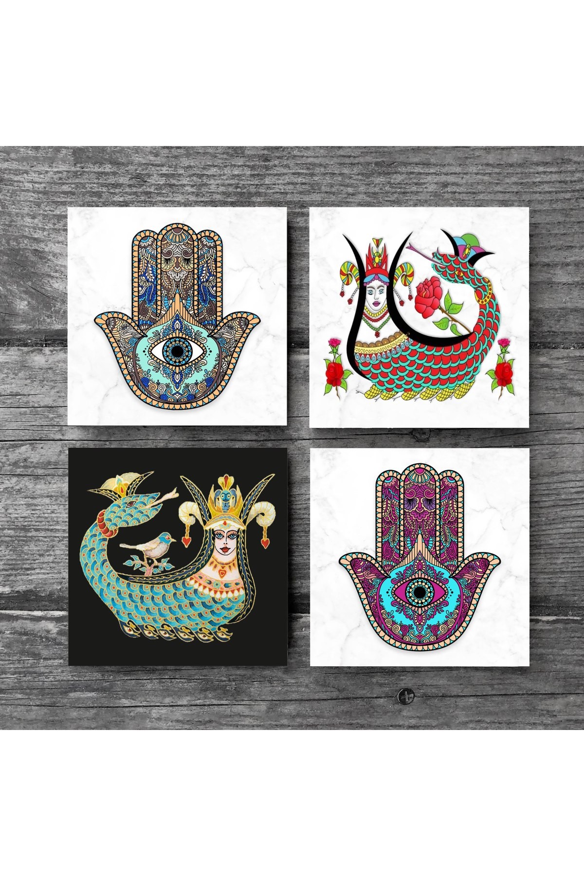 Shahmaran, Mother of Fatima Hand (Hamsa) Stone Coaster Desktop Protective Coaster 4 Piece Set 10x10cm Stone Coasters