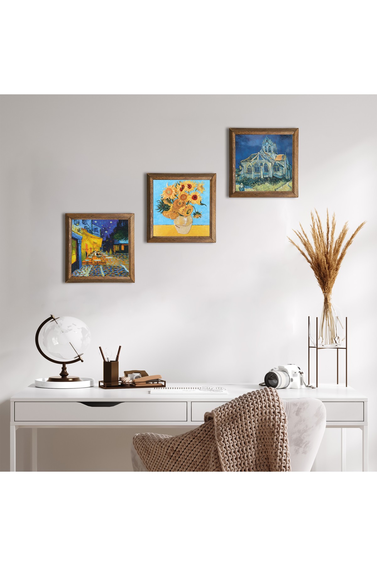 Van Gogh Church, Night on the Cafe Terrace, Vase with Twelve Sunflowers Stone Wall Painting Wood Framed Wall Decor 3 Piece Painting Set Wall Art