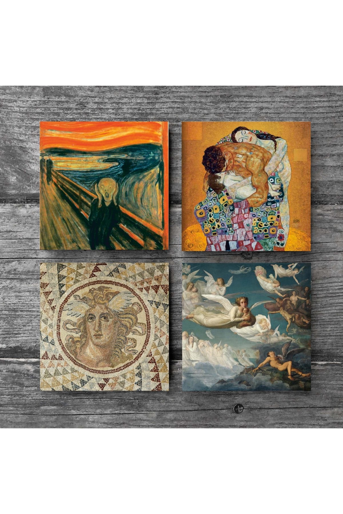 Çığlık, Mozaik Serisi, Gustav Klimt Aile Kucaklama, Ruhların Geçişi Louis Janmot Taş Bardak Altlığı Masaüstü Koruyucu Altlık 4 Parça Set 10x10cm Stone Coasters