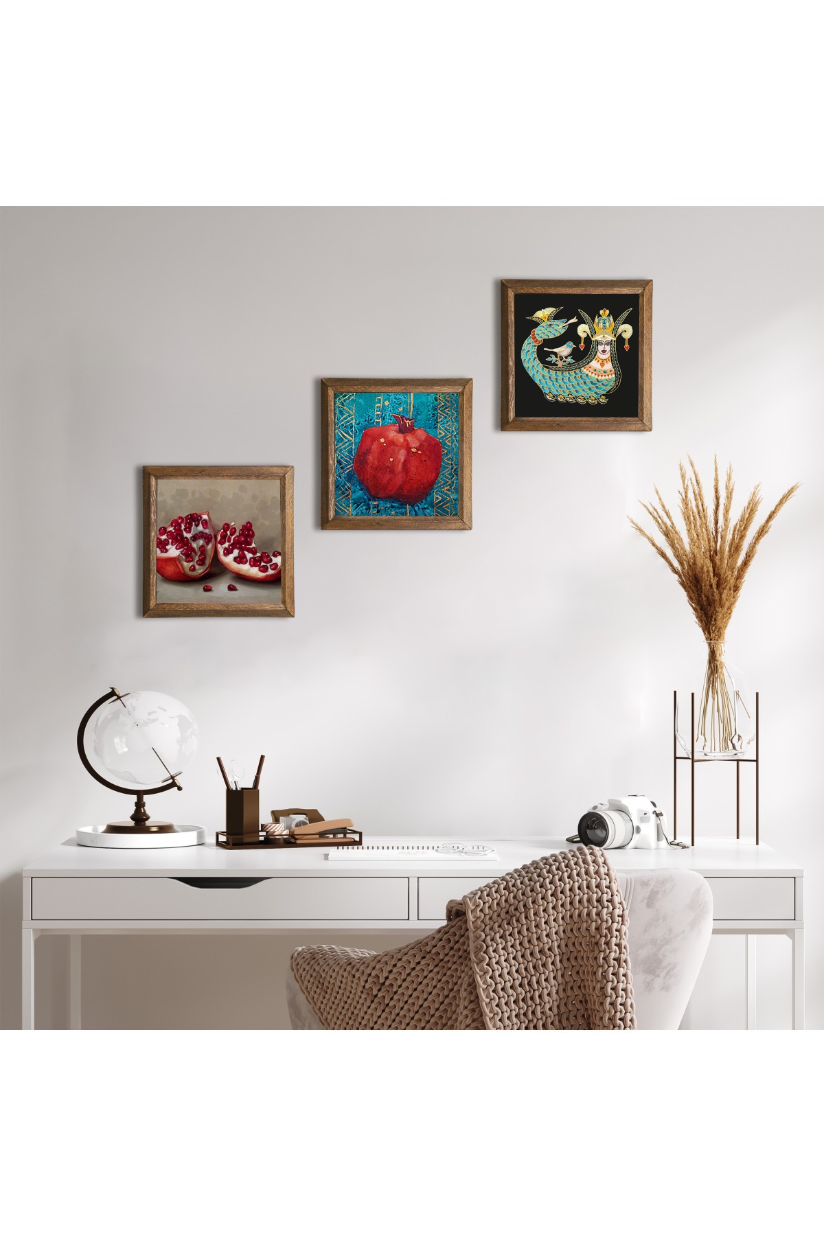 Sahmeran, Pomegranate Stone Wall Painting Wooden Framed Wall Decor 3 Piece Painting Set Wall Art