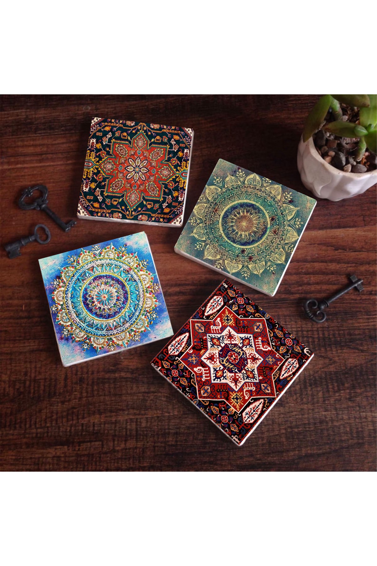 Mandala, Desen Taş Bardak Altlığı Masaüstü Koruyucu Altlık 4 Parça Set 10x10cm Stone Coasters